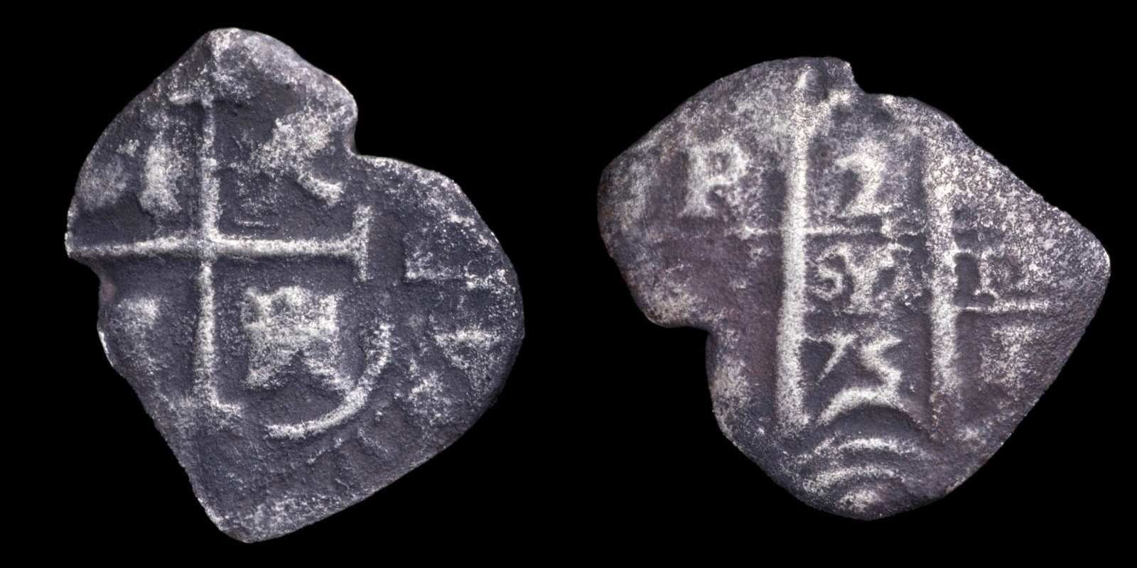 2 Silver Reales Macuquinos Philips V, Potosi Mint - 20 mm / 1,47 gr.