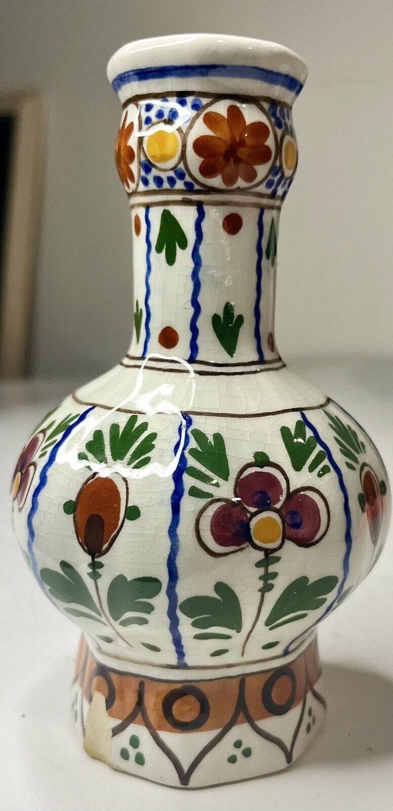 🇳🇱Dutch Holland D.P. Delft Polychrome Floral Vase 5 1/2” - One Chip At Base