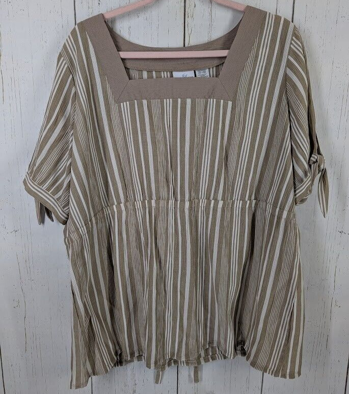 Jaclyn Smith Size 1X Tan White Rayon Stripe Square V Neck Short Sleeve Blouse