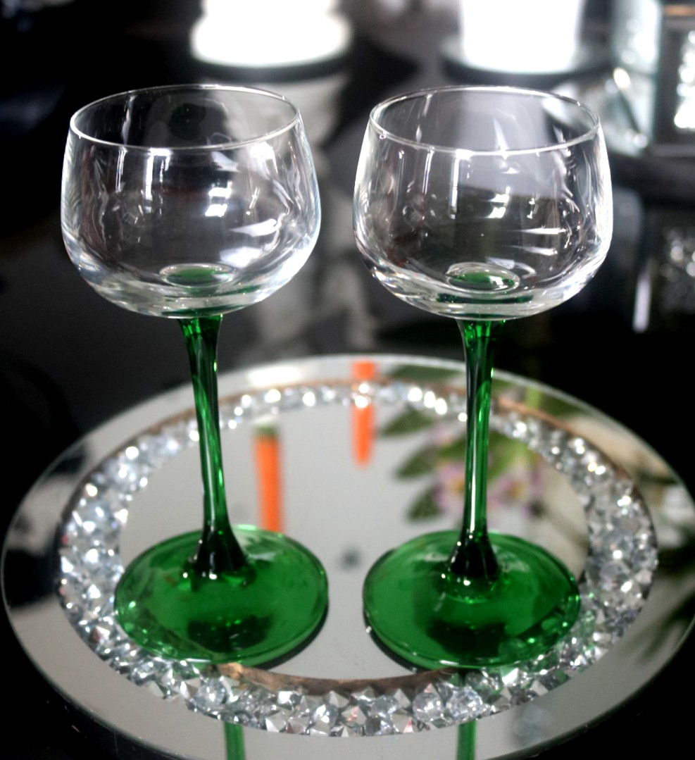 2 x Vintage French Luminarc Green Stem Hock Wine Glasses (available 8)