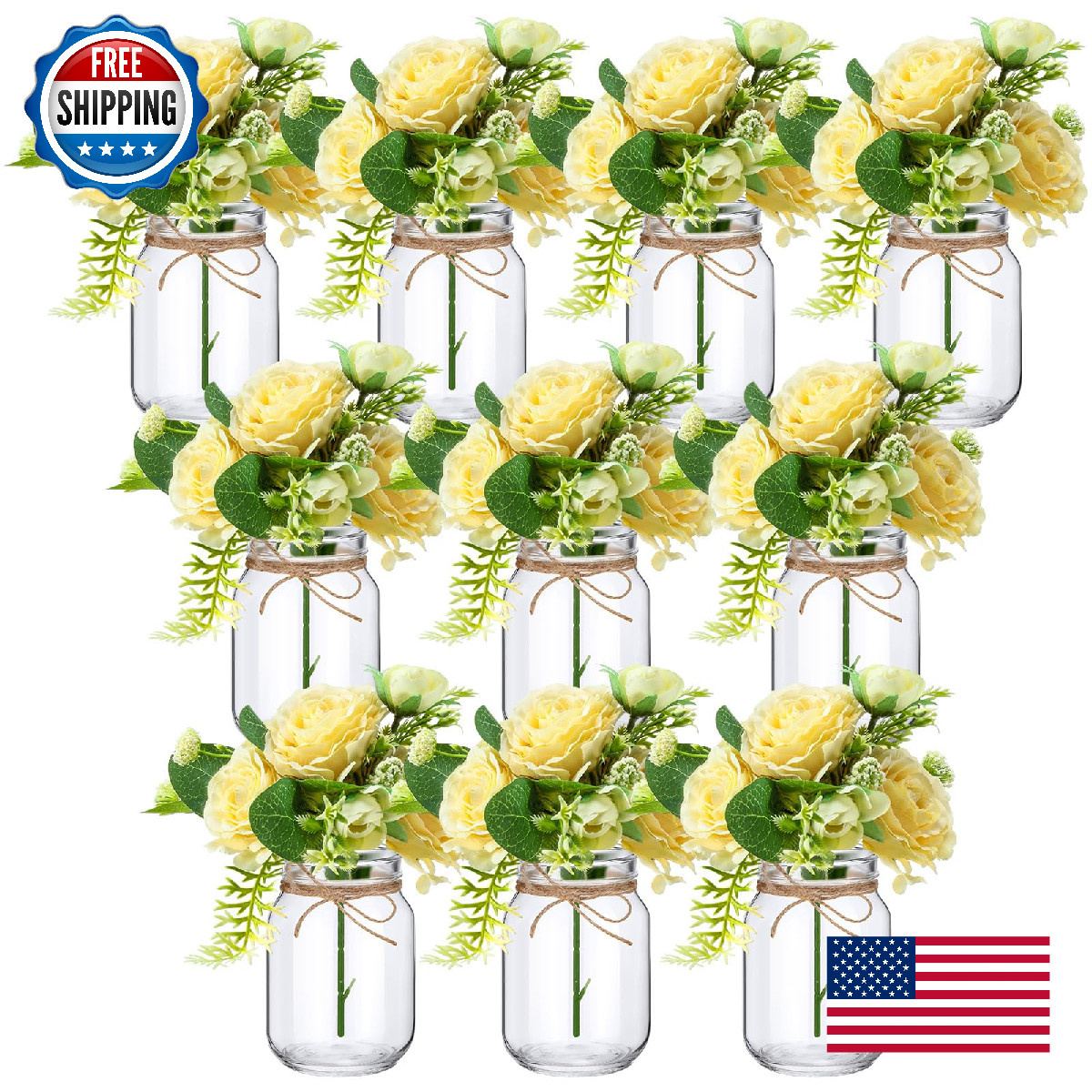 XunYee 10 Set Mason Jar Table Centerpiece with Flowers, 17oz, DIY Decor