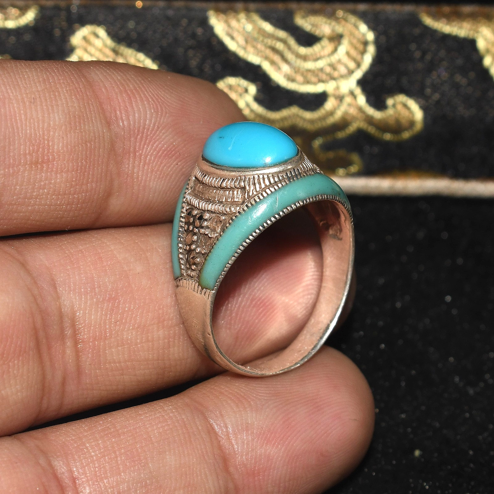 Genuine Antique Old Near Eastern Solid Silver Ring with Turquoise Stone Bezel