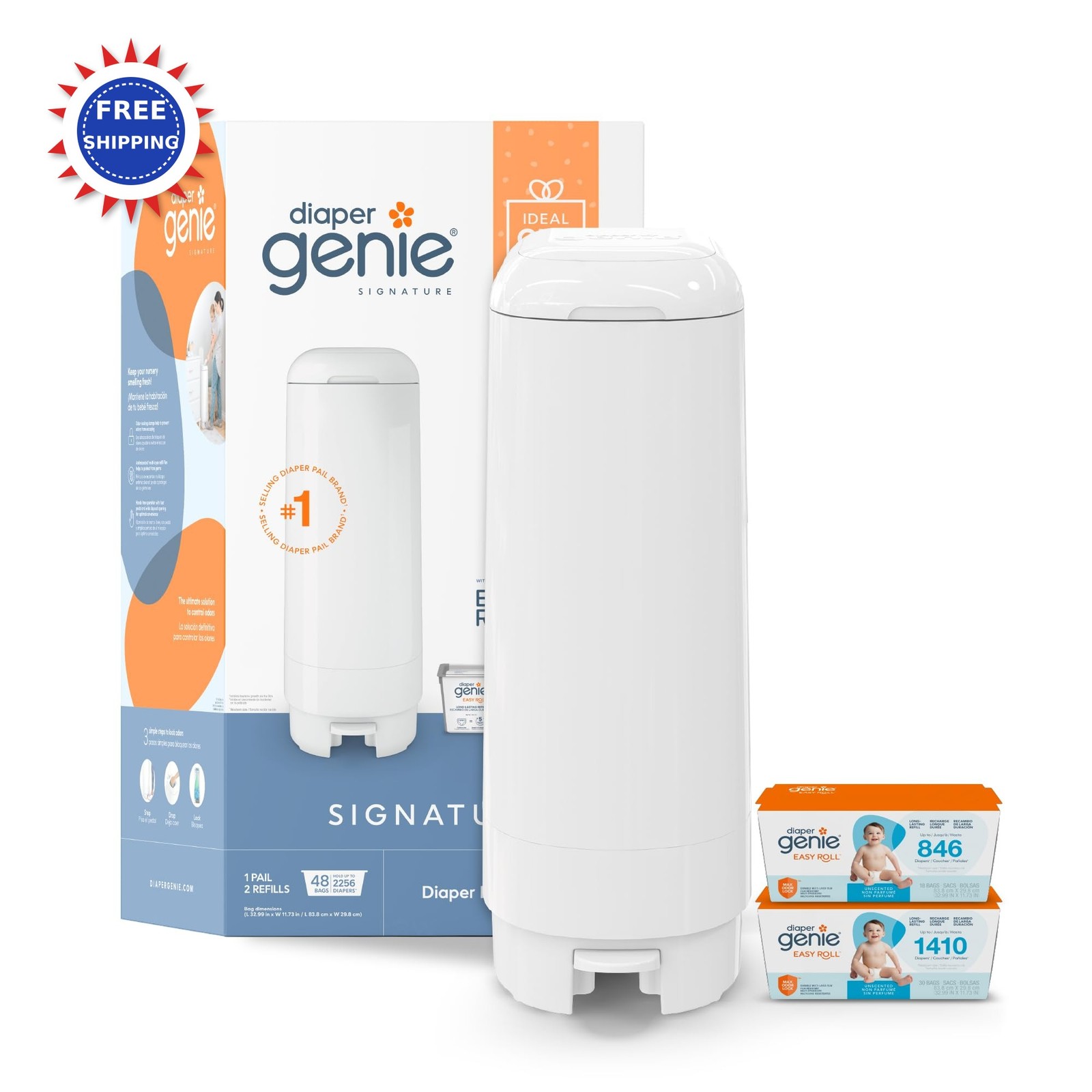 Diaper Genie Signature Gift Set 48 Bags Holds 2256 Newborn Diapers Easy Roll
