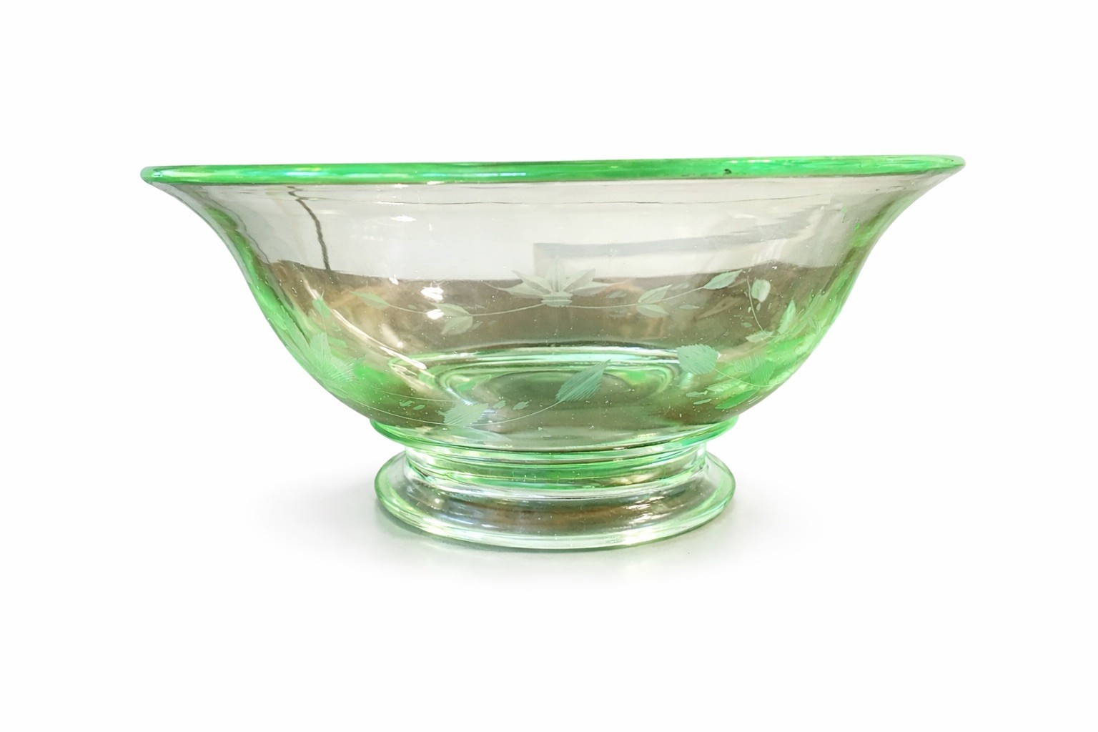 Vintage Green Uranium Glass Bowl Etched Floral Flowers Pedestal Footed 7”
