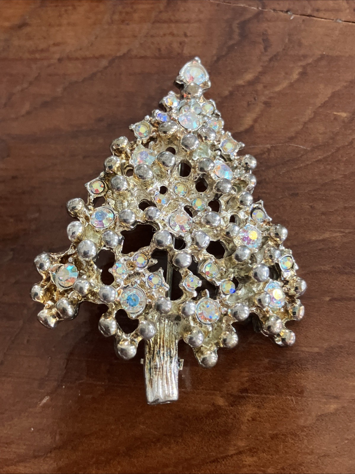 Vintage Glass Rhinestone Christmas Tree Brooch Pin Holiday Jewelry 2" Excellent