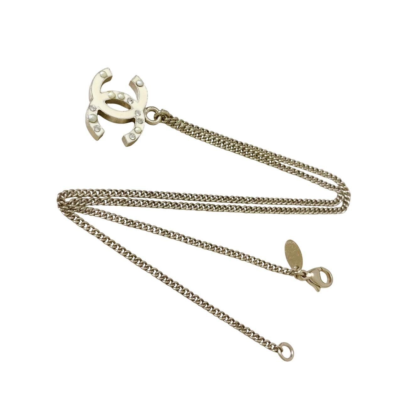 CHANEL Necklace Coco Mark Rhinestone Pearl Ivory Gold Logo