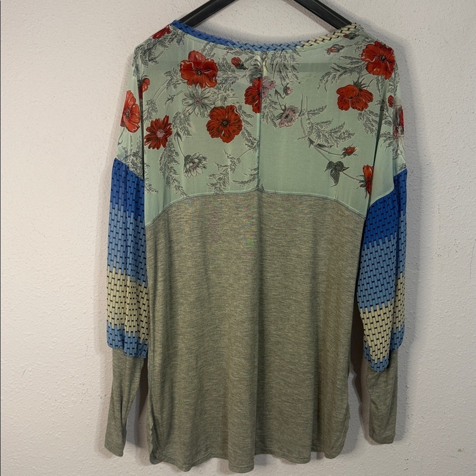 Tiny Women Gray and Blue Cotton/Georgette Blend Boho Dolman Sleeve Top Size XL