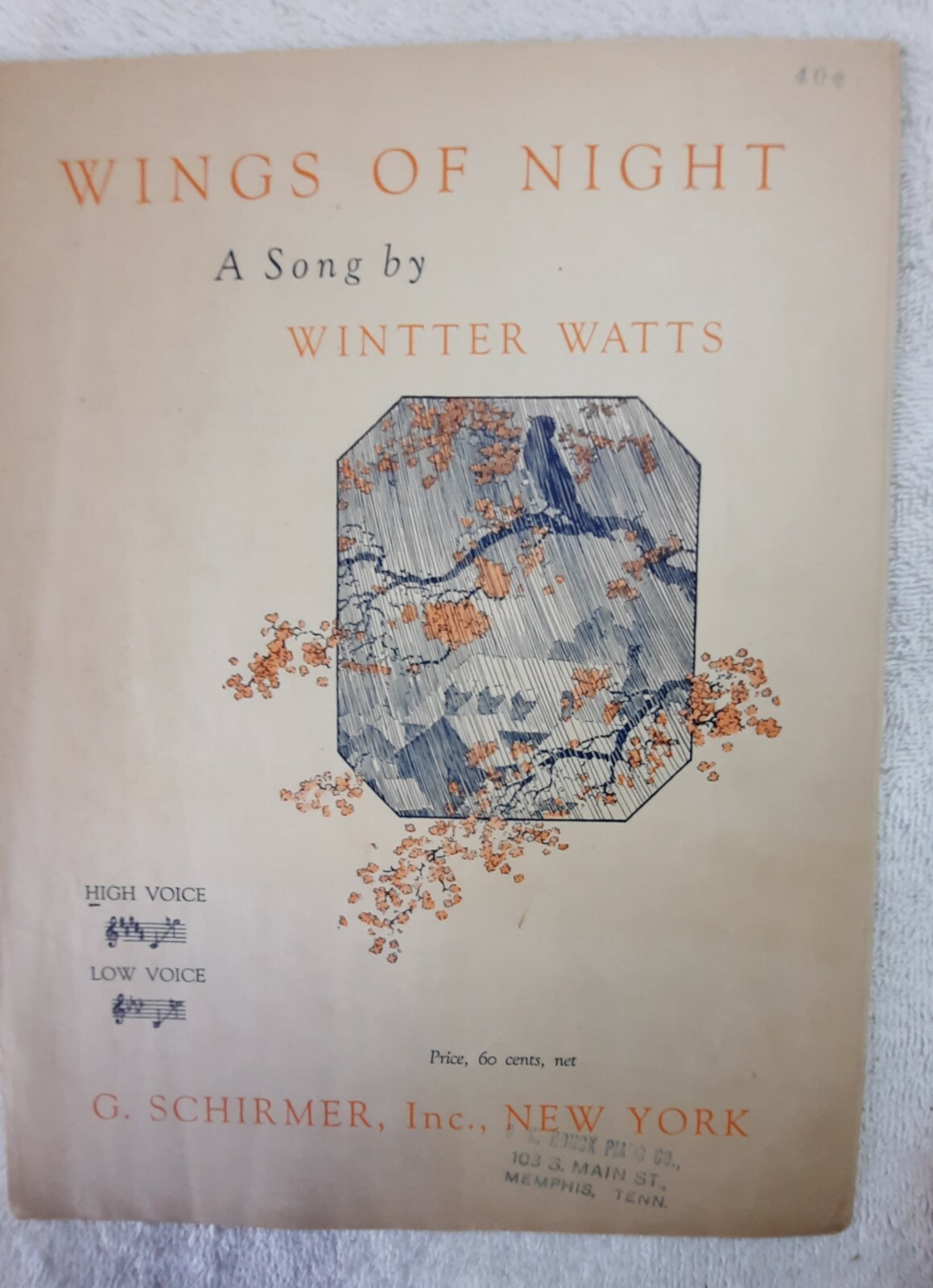Wings Of Night  by Wintter Watts  1921 Vintage Piano Voice Sheet Music Twilight 