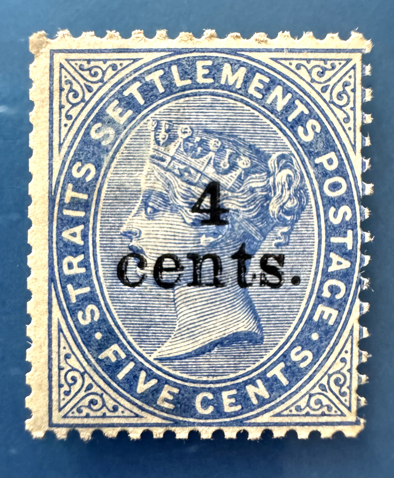 MALAYA Straits Settlements 1898 QV 4 cents opt 5c MLH SG#107 M6501