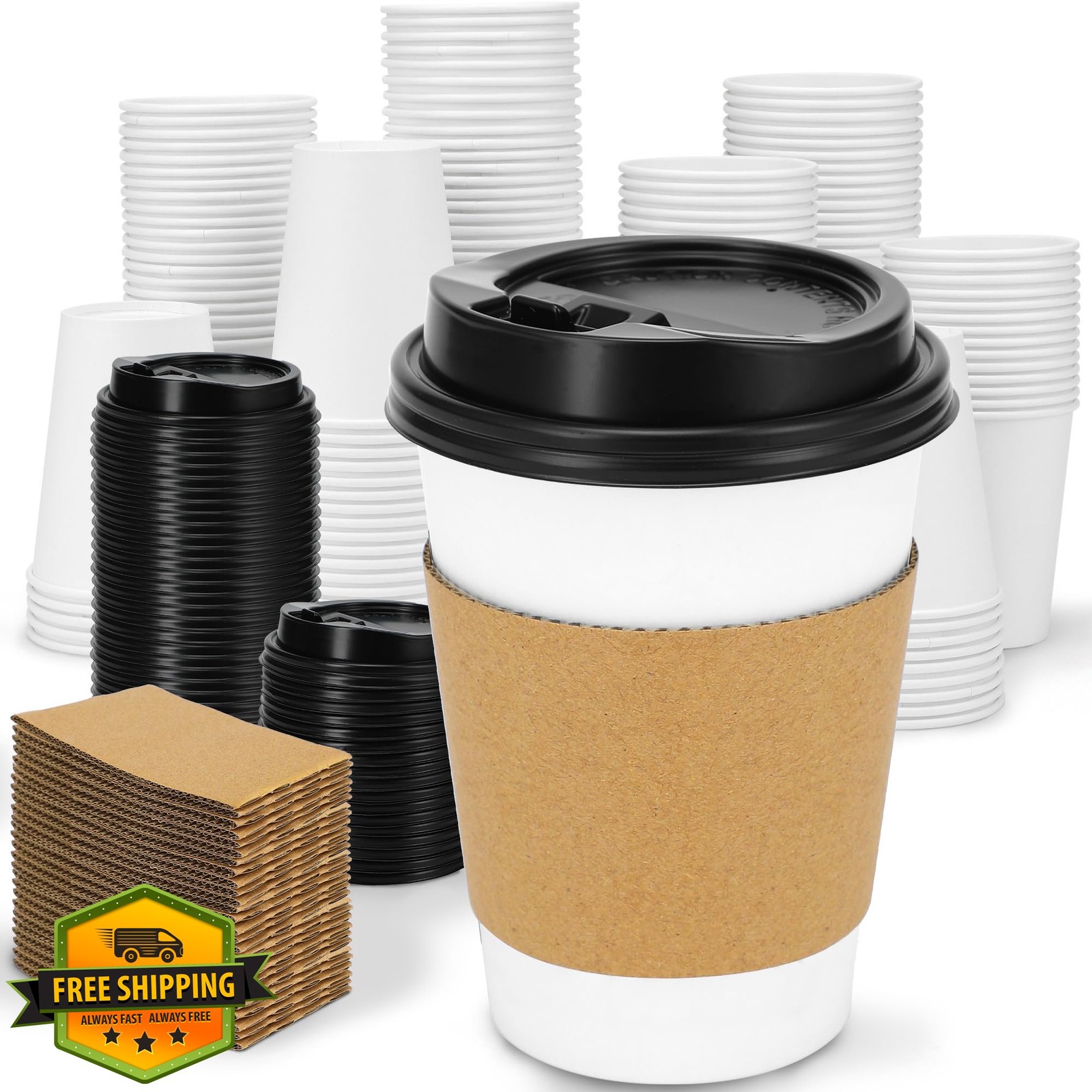 Clawsoff 12oz Coffee Cups with Lids Sleeves 100 Pack - Insulated