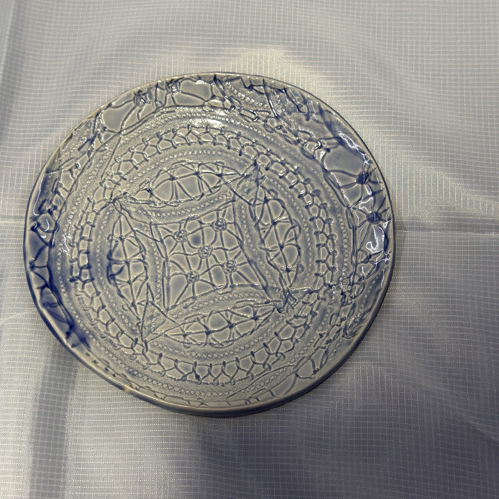 Vintage Studio Pottery Plate Blue Lace Impressed