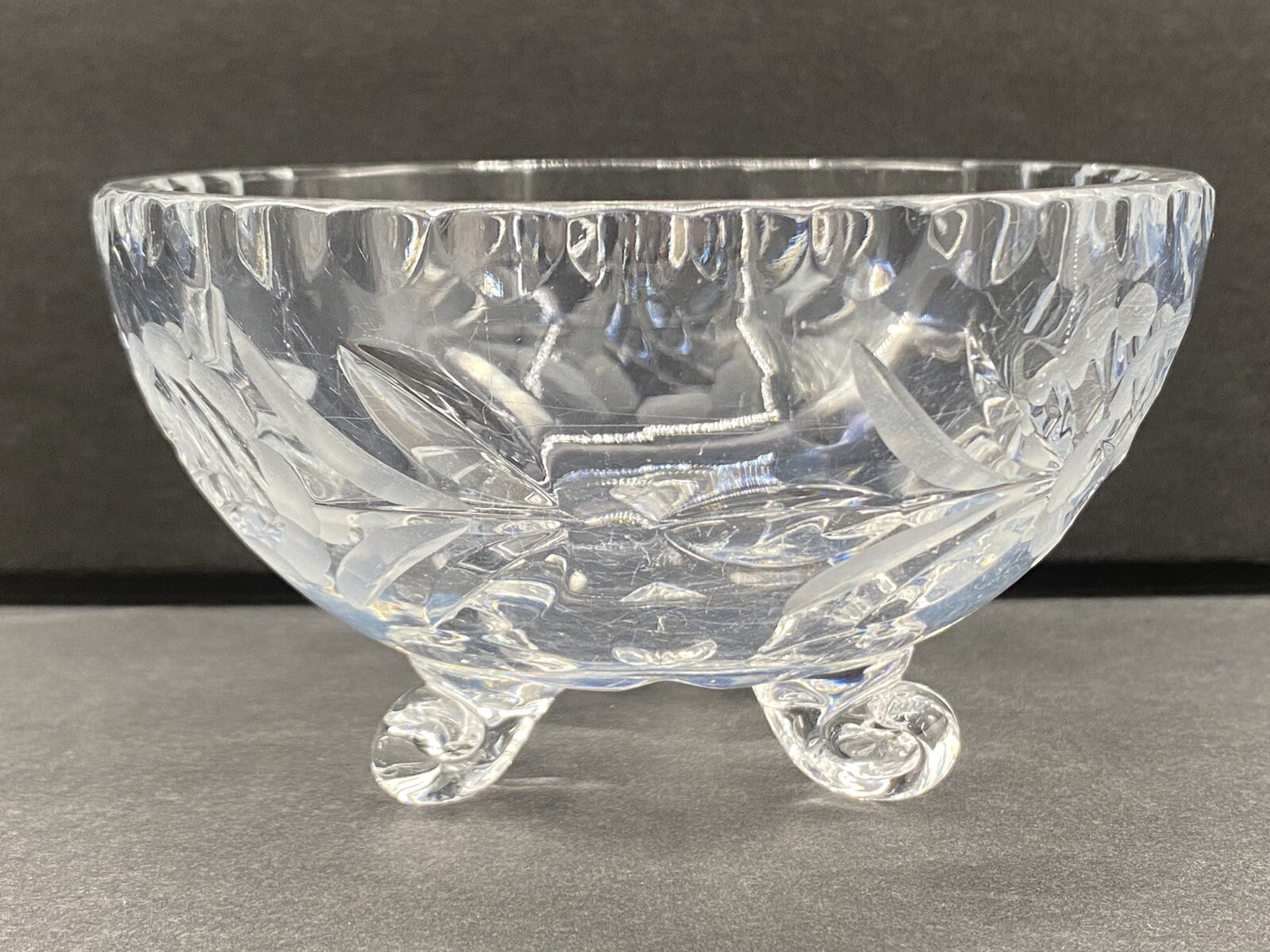Vintage Lead Cut Crystal Glass 3 Footed Crystal Bowl Dish Floral Design