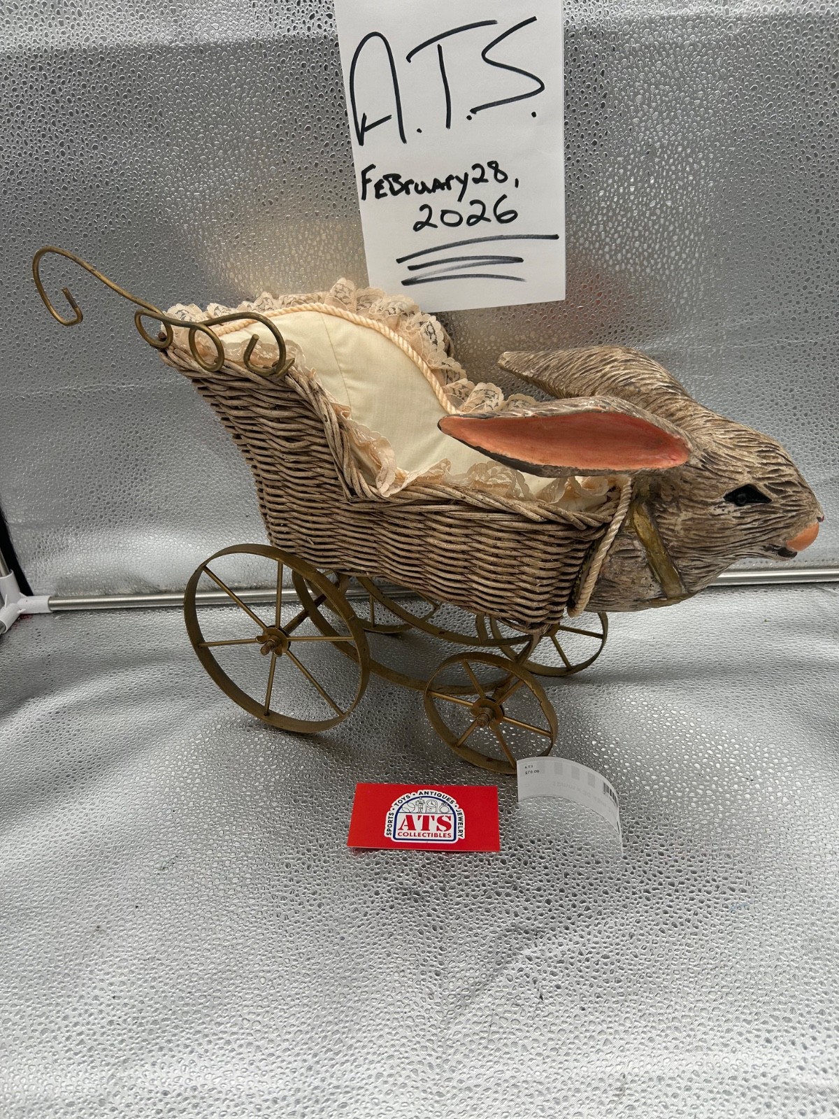 *Antique Vintage Iron Base Doll Stroller Pram Rabbitt Bunny Head Wicker Basket*