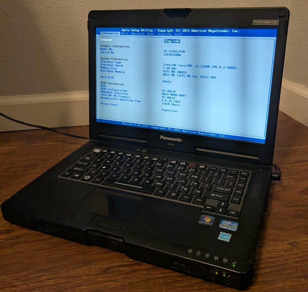 Panasonic Toughbook CF-53 MK2 Intel i5 8GB RAM NO HDD Boots To Bios - No OS