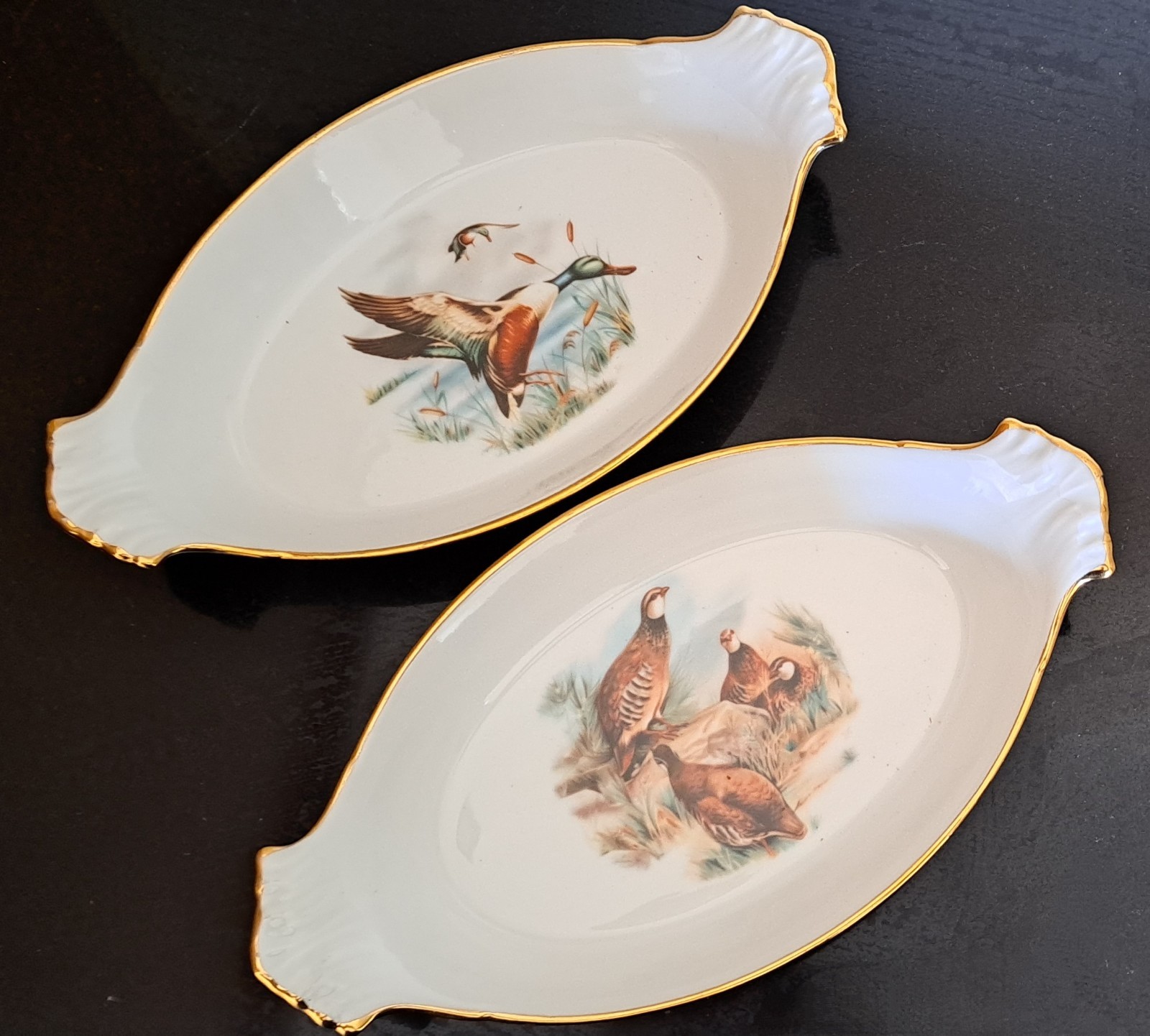 Pair of Oval Eared Dishes ( Rare) white porcelain with gold edges Apilco France 