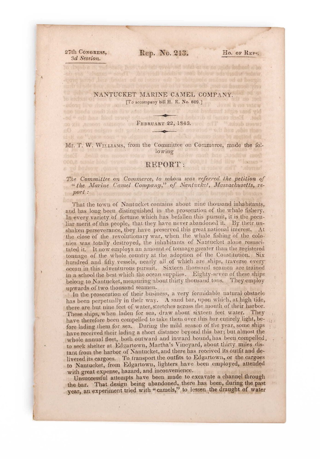 [U.S. Congress] – 1843 Report on the Nantucket Marine Camel Company, Nantucket,…