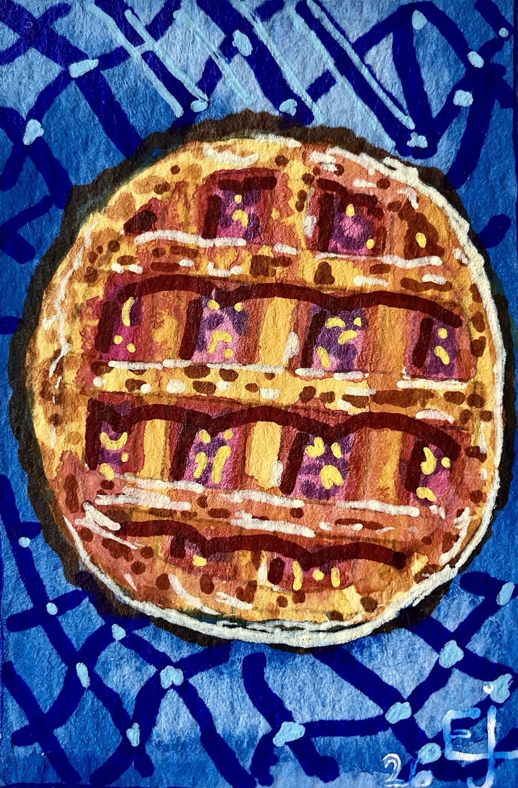 ACEO Original Mini Miniature Pie Colorful  Blue Watercolor Marker Pen & ink