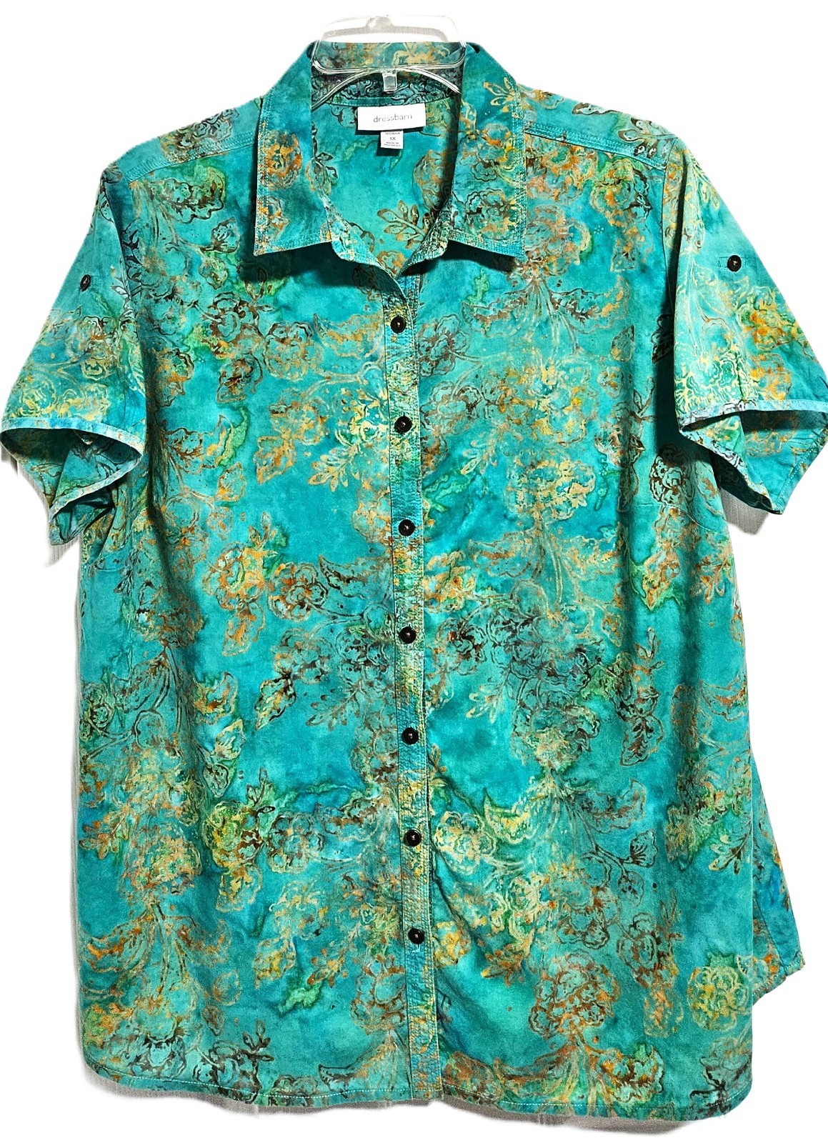 Dressbarn Womens Sz 1X Batik Shirt Aquamarine Green/Gold Button Tab S/S Button