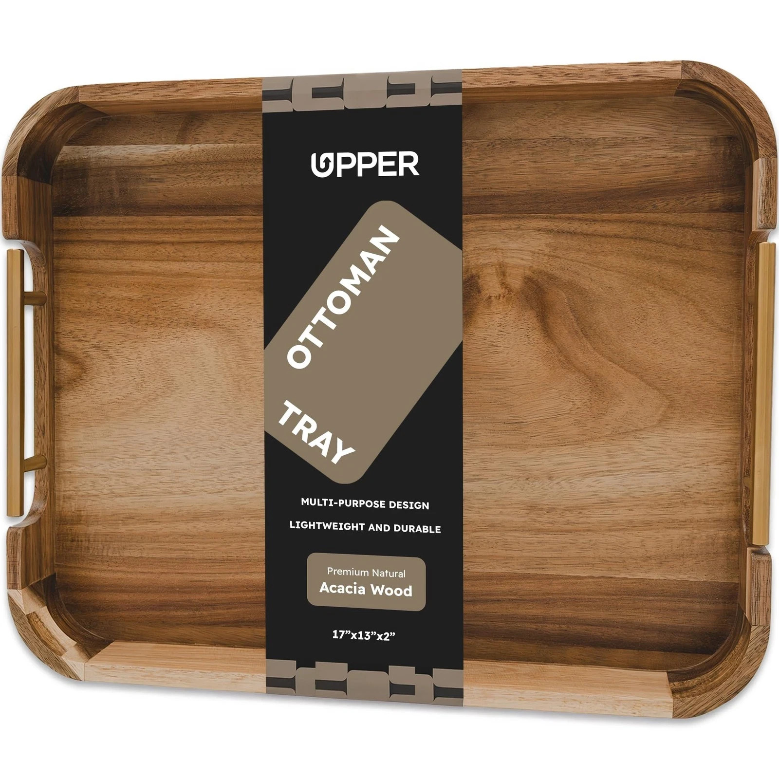 Upper Acacia Wood Ottoman Tray 17x13 Inches with Handles, Decorative Serving Tra