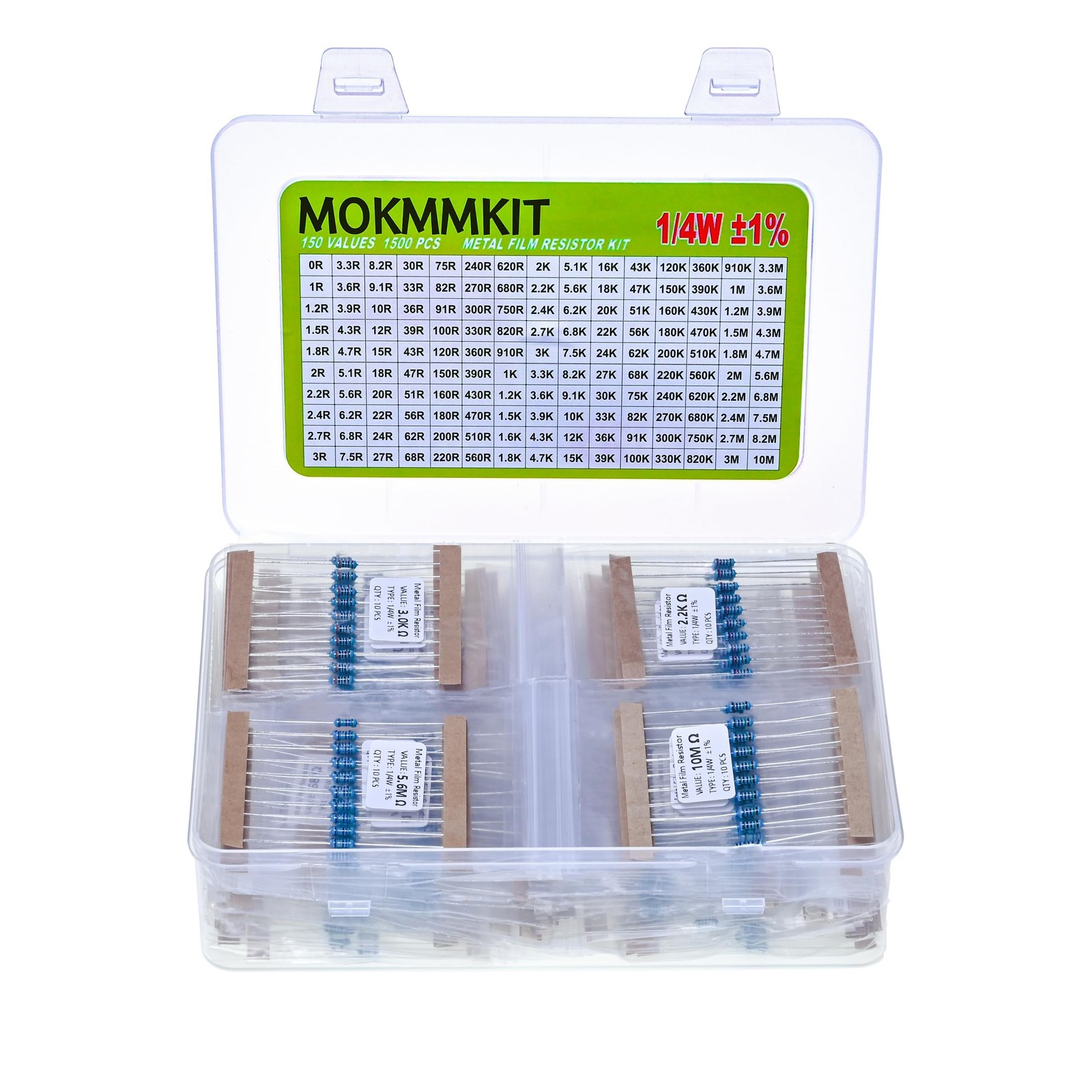 150 Values 1500 Pieces Metal Film Resistor Kit, 0 Ohm-10M Ohm, 1/4W 1% RoHS C...