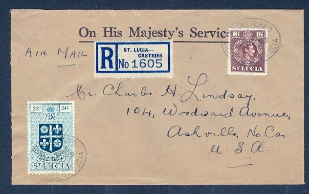 ST LUCIA 1949 KGVI COMBO REG TO USA