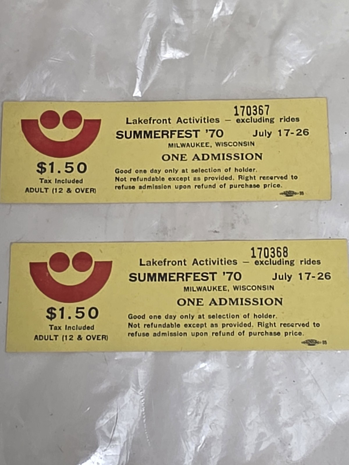 (2) 1970 Summerfest Milwaukee Wi Admission Tickets