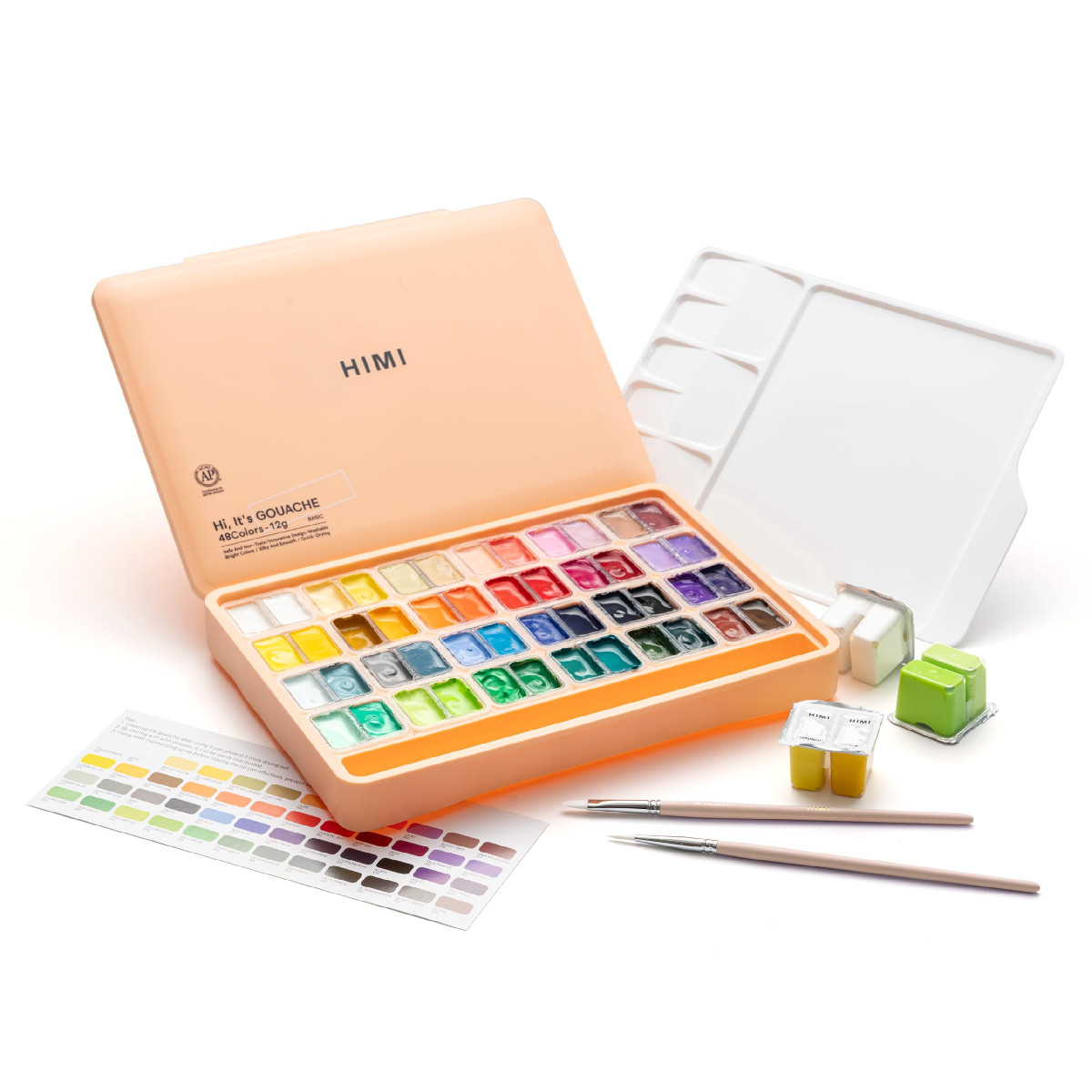 HIMI Twin Cup Jelly Gouache Paint Set, 48 Colors 12g with 3 Brushes