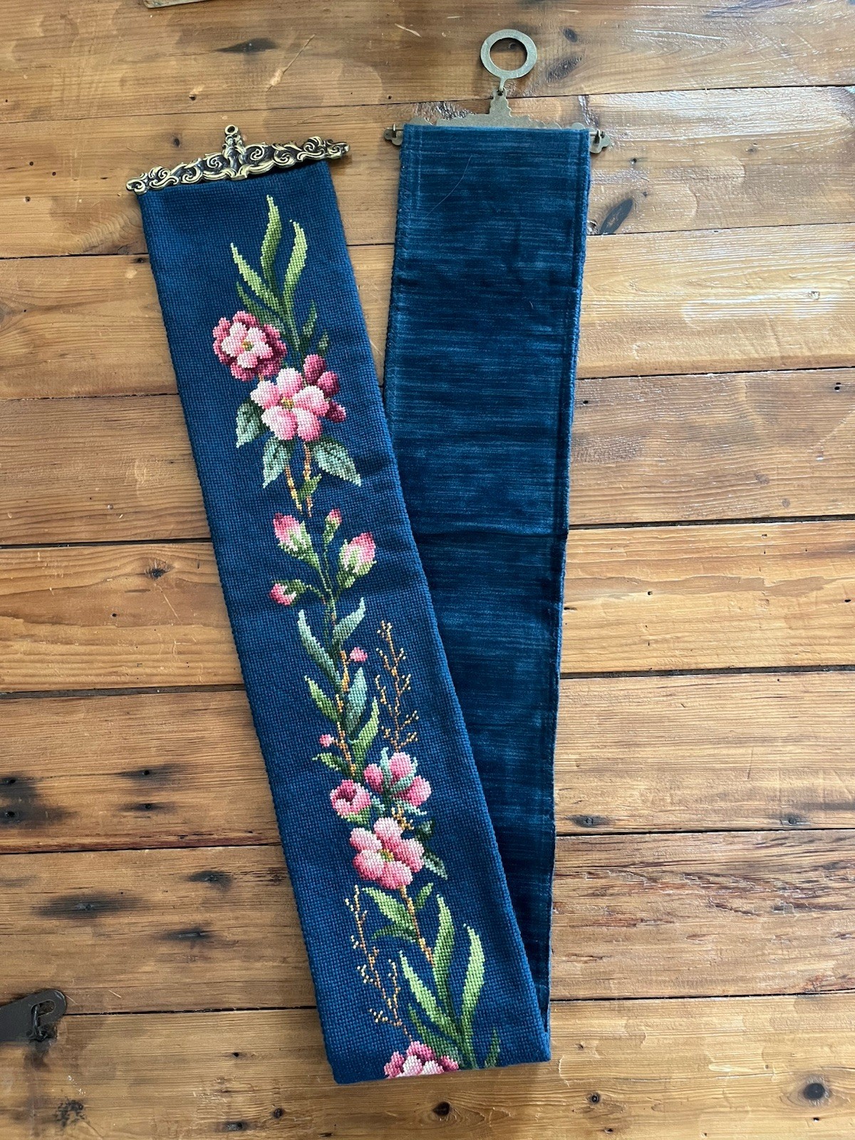 Tapestry Floral Wool Needlepoint Bell Pull Wall Hanging 70 X 7Brass Hardware VTG