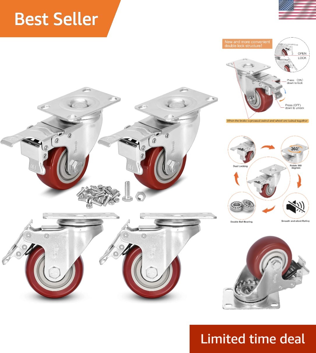3 inch Heavy Duty Casters Load 1500lbs,Lockable Bearing Caster Wheels with Br...
