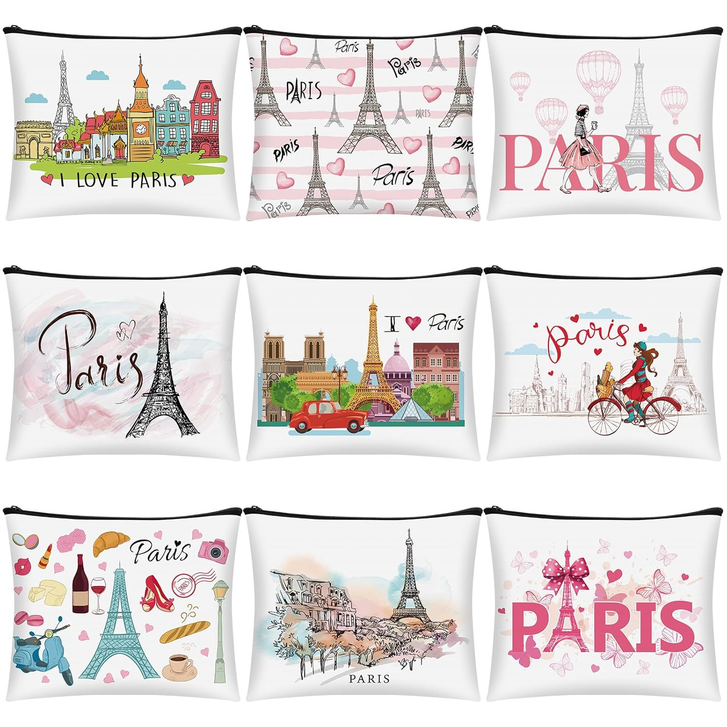 9 Pcs Paris Cosmetic Bag New York Souvenir Zipper Pouch Los Angeles Souvenir Gif