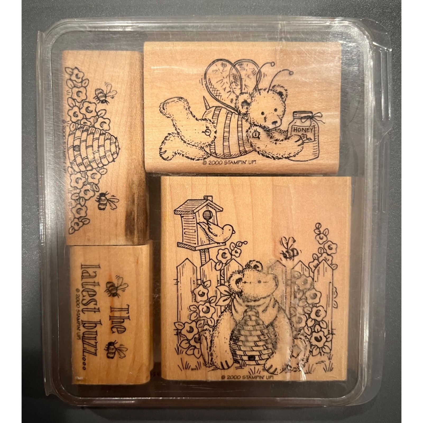 Stampin’ Up! Honey Honey Bear Wooden Block Stamps Retired 4 Total With Case