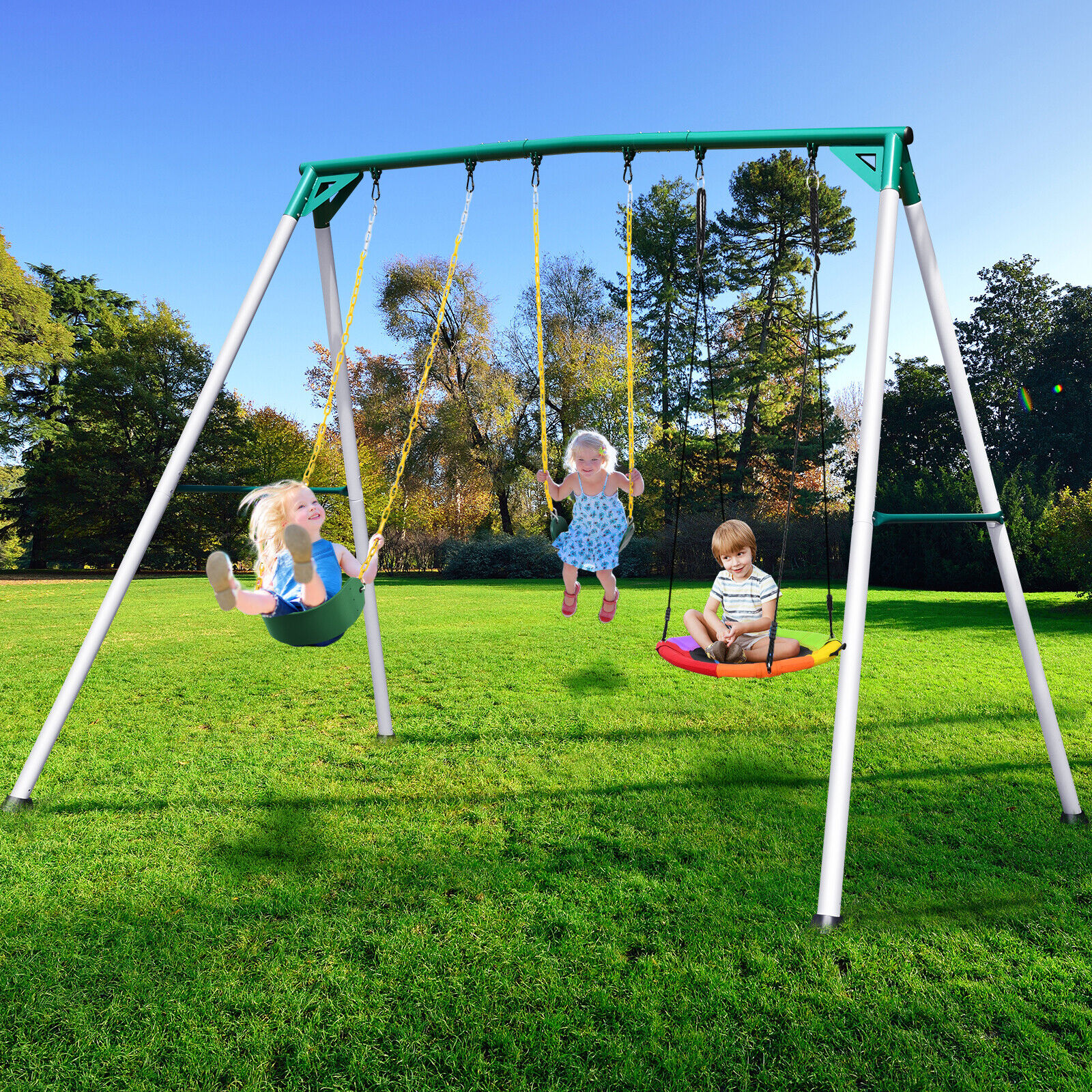 700LBs Tall Metal Swing Set Heavy Duty A-Frame Kids Adult Swingset with 3 Swings