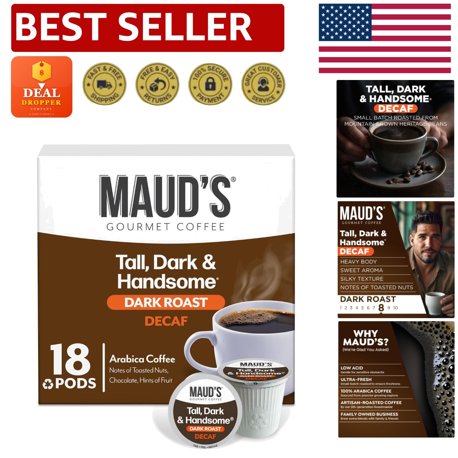 18 Count Decaffeinated Dark Roast Coffee Pods - Sustainably Sourced Arabica