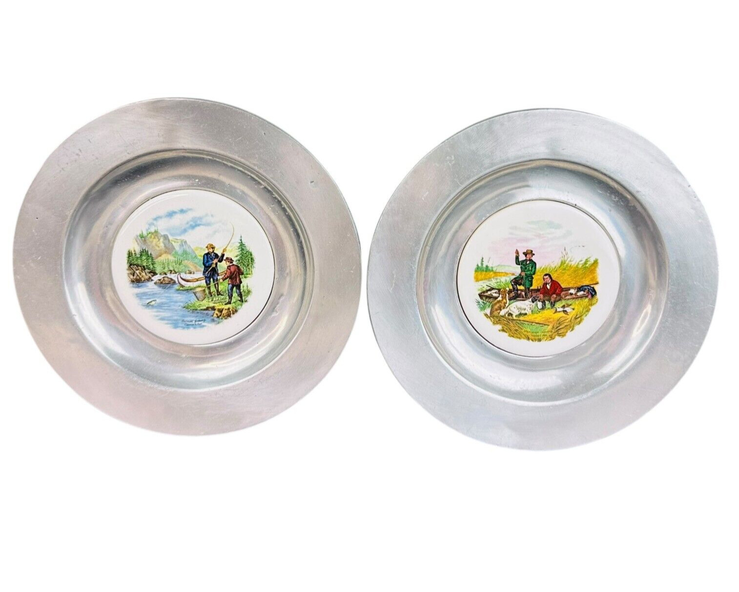 2 vtg pew ta rex pewter dish plates wall hanging hunting Fishing scenes man cave