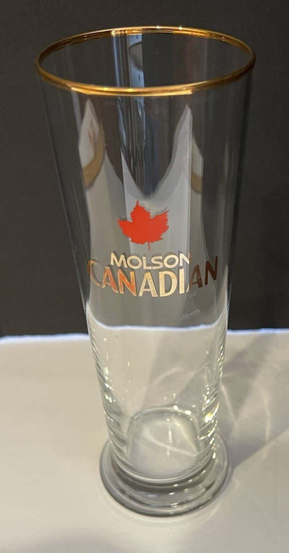 Molson Canadian Pilsner Pint Beer Glass 8" Gold Rim & Lettering Red Maple Leaf