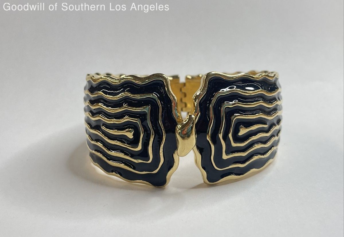 Sarah Coventry Gold Tone Black Enamel Wave Texture Cuff Bracelet
