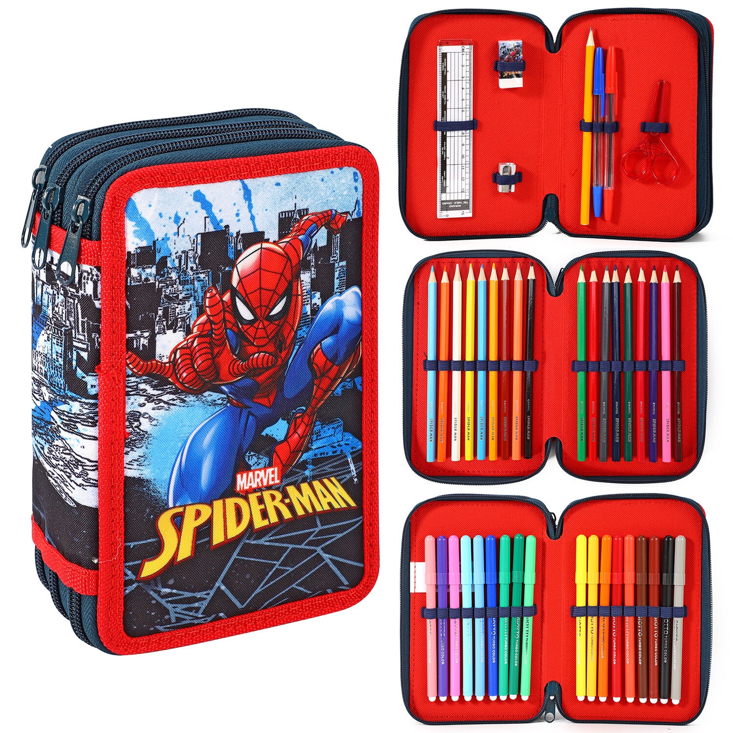 Spiderman 3 Tier Pencil Case Multi Compartment Colouring Pens Pencils Set