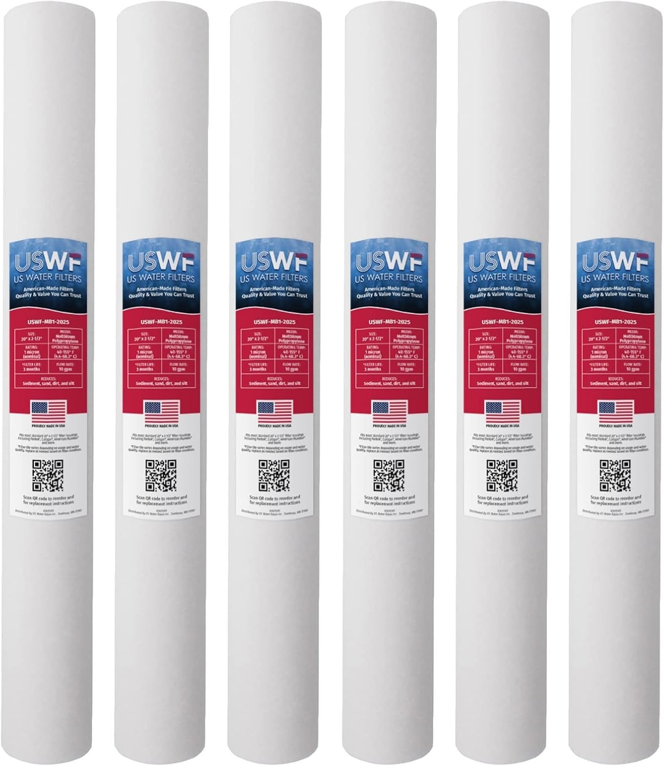 20x2.5 Inch 1 Micron  Polypropylene Sediment Water Filter 6 Pack USWF-MB1