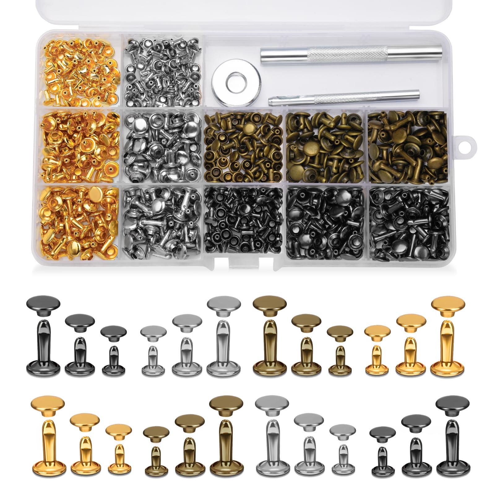 DIUDUS 240 Set Leather Rivets, 4 Colors 3 Sizes Double Cap Rivet, Multicolor 