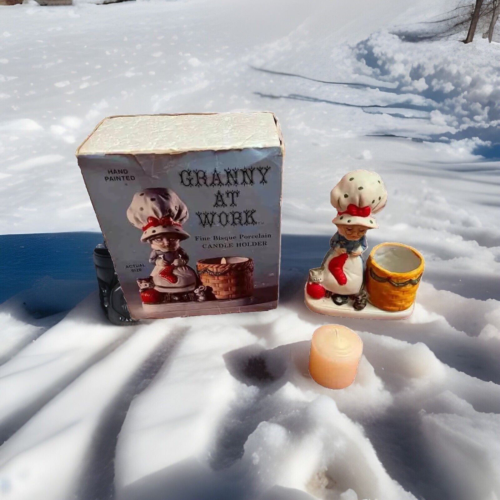 Vintage 1978 Jasco Hand Painted Porcelain Candle Holder Granny At Work With Box