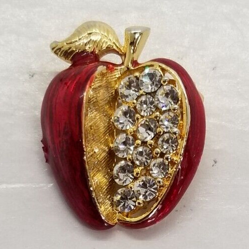 BROOCH Red Apple Sparkling Clear Rhinestone Gold Tone Vintage