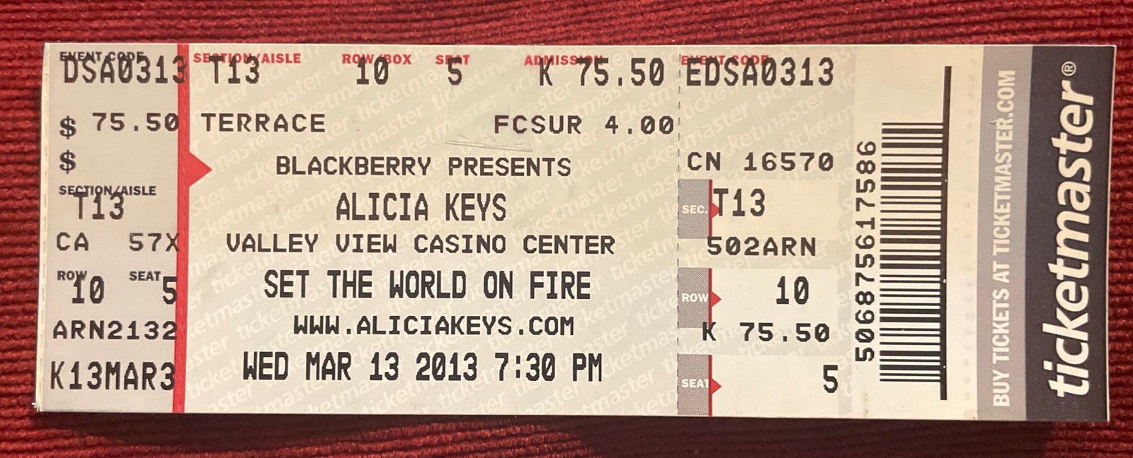Alicia Keys Ticket Stub 3/13/13 San Diego Set The World On Fire Tour
