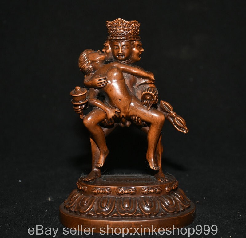 4" Old Chinese Carving Boxwood Wood Carving Happy 3 Head Buddha Statue