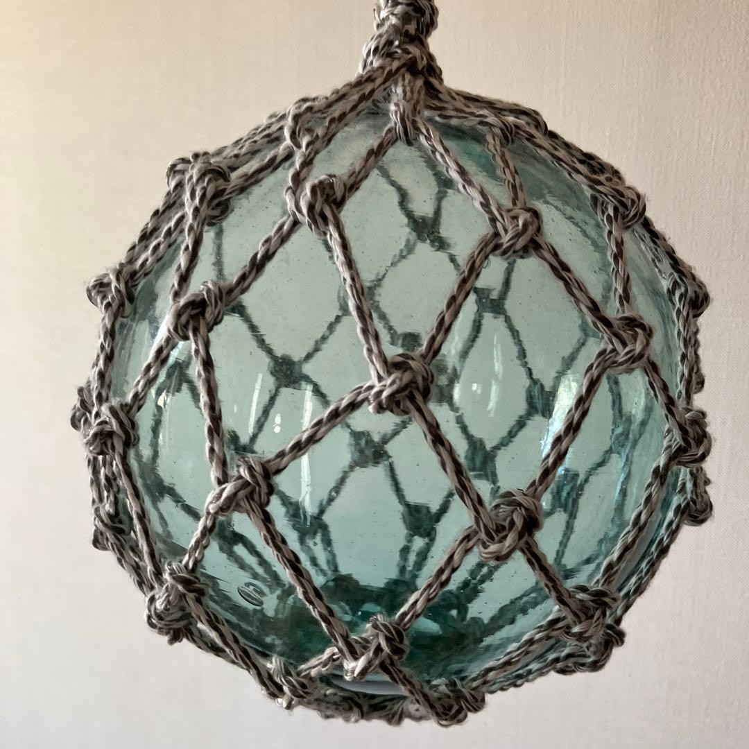 Vintage Japanese Glass Fishing Float 7.1-in Grey Rope Net Nautical Decor
