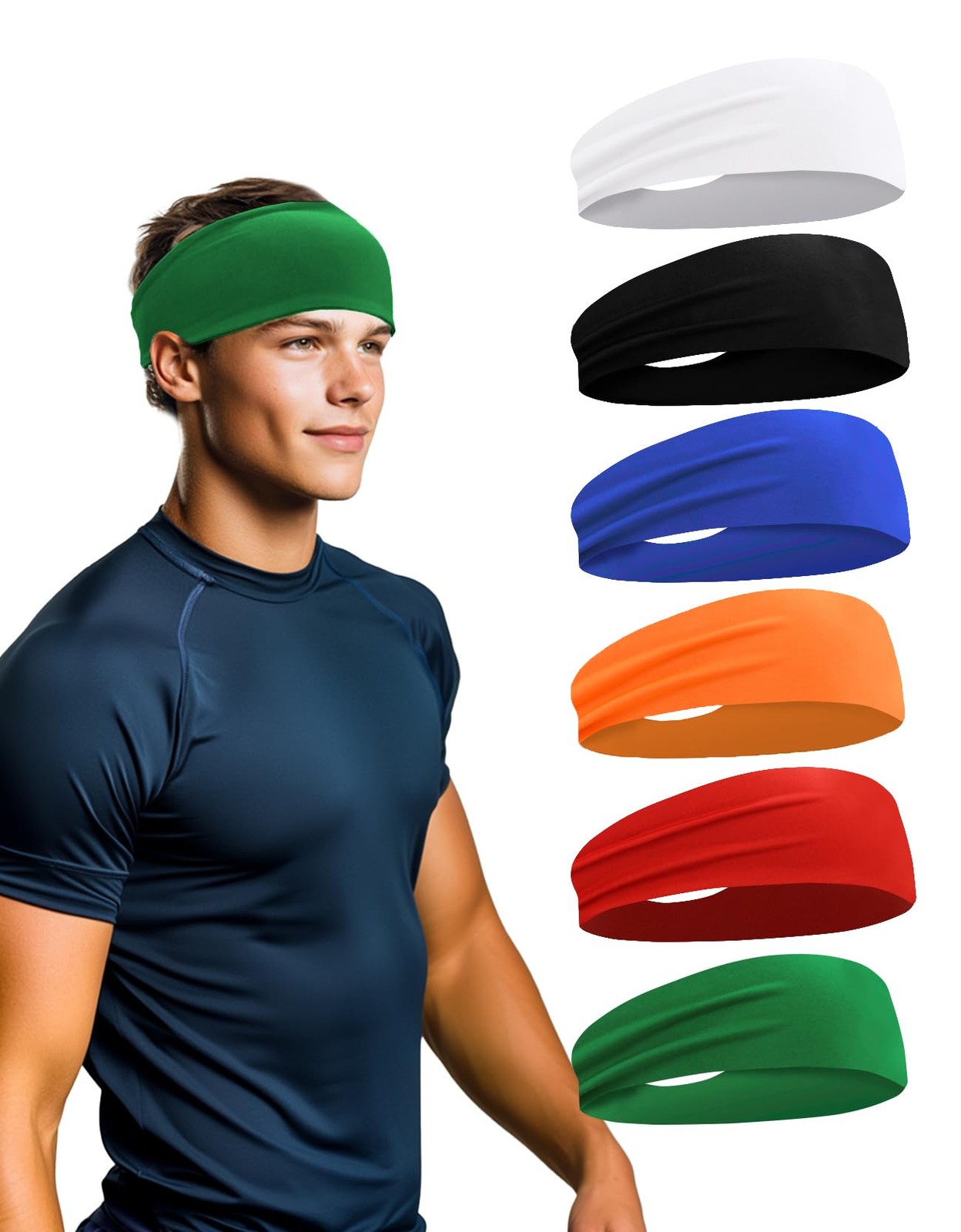 6 Pack Sport Headbands for Men & Black,White,Royal Blue,Orange,Green,Red 