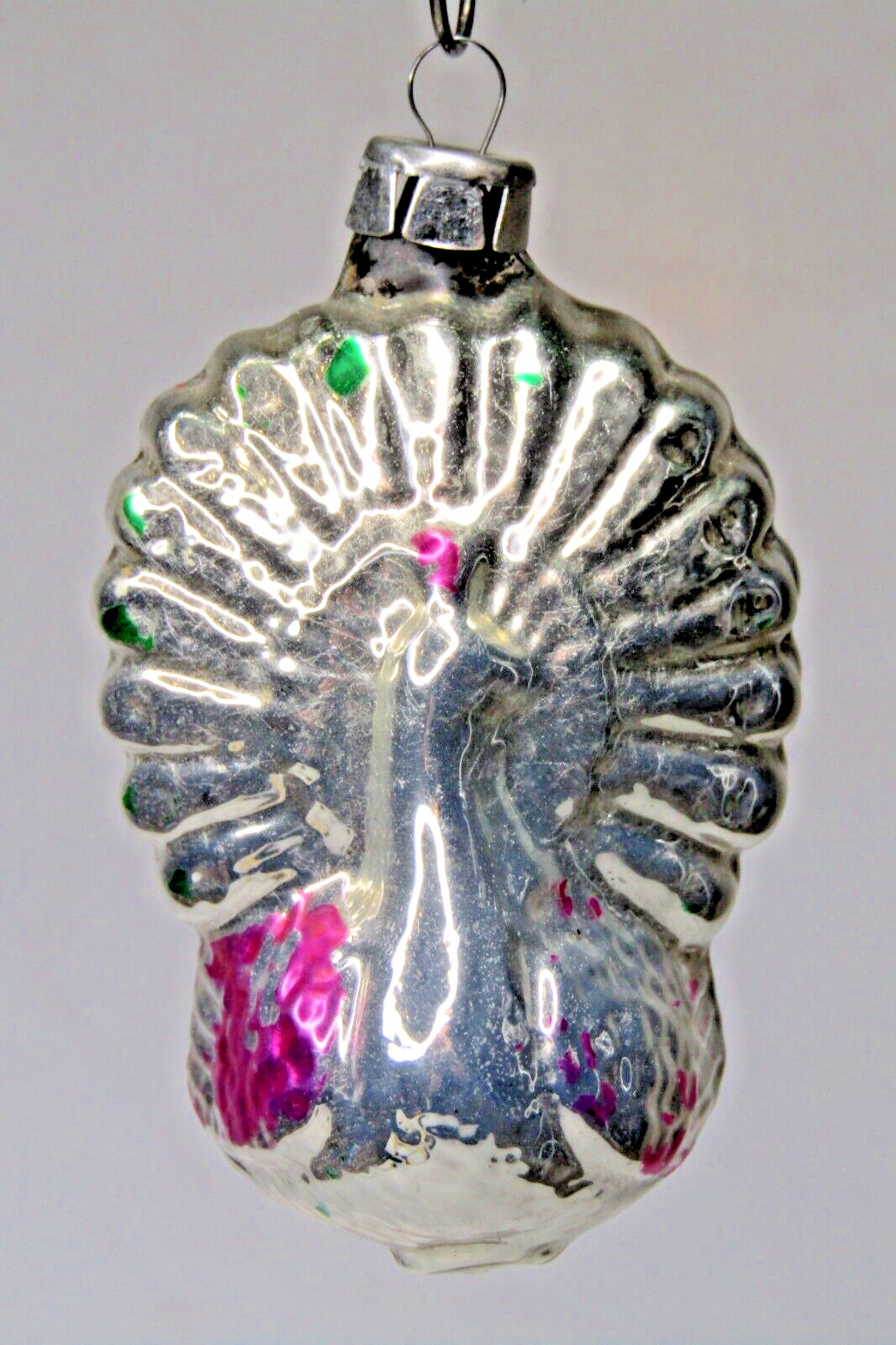 Vintage Blown Glass Embossed PEACOCK Bird Christmas Ornament Germany