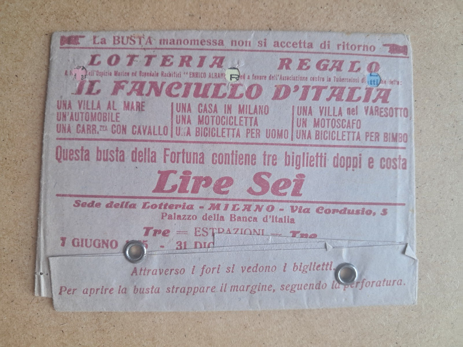 Sealed envelope containing the 3 lottery tickets - Il Fanciullo d'Italia 1925