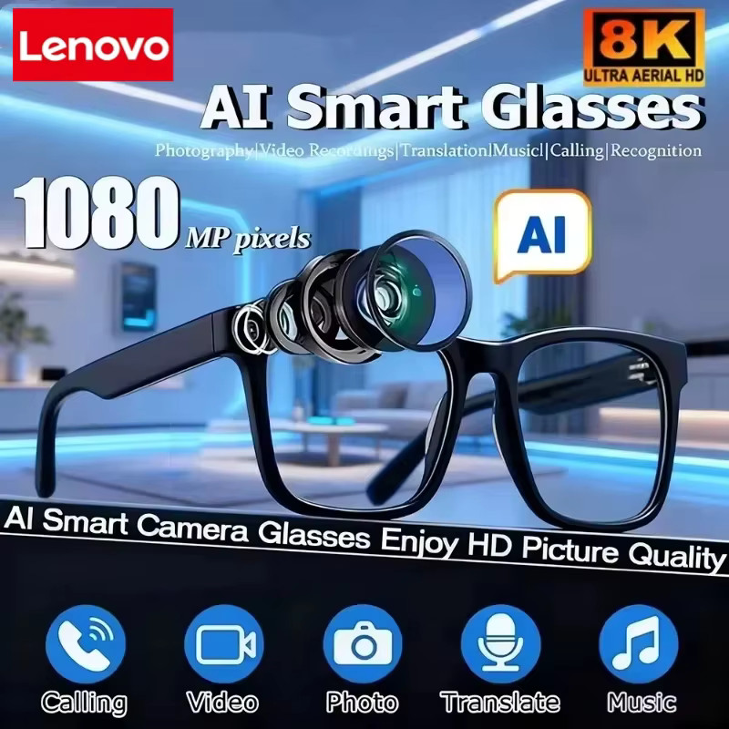 LENOVO 8K HD AI Smart Glasses Bluetooth Calling Music Camera Voice Assistant