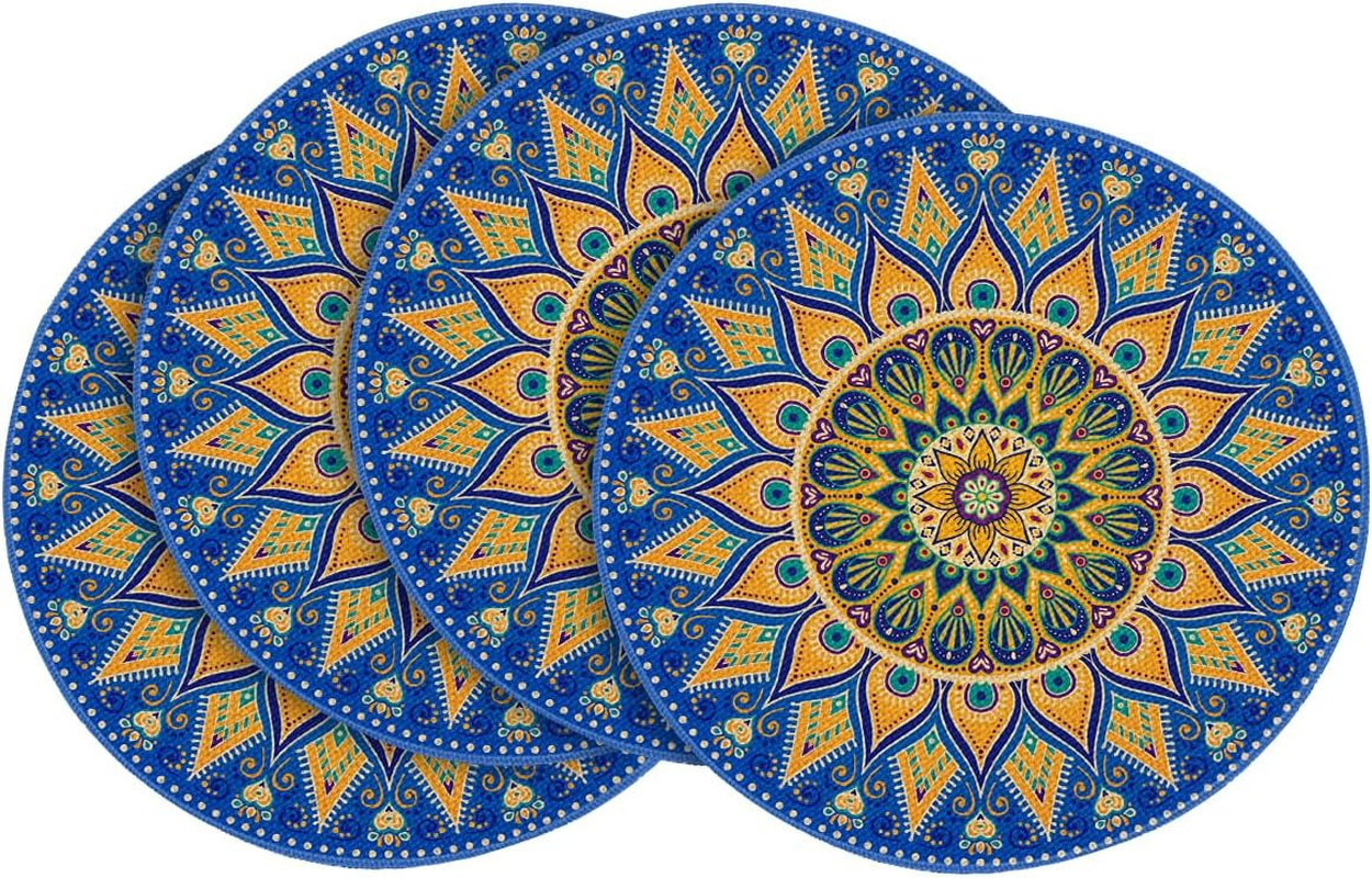 Blue Mandala round Placemats Set of 4,14 Inch 14", round 4 Pcs Bule/Yellow