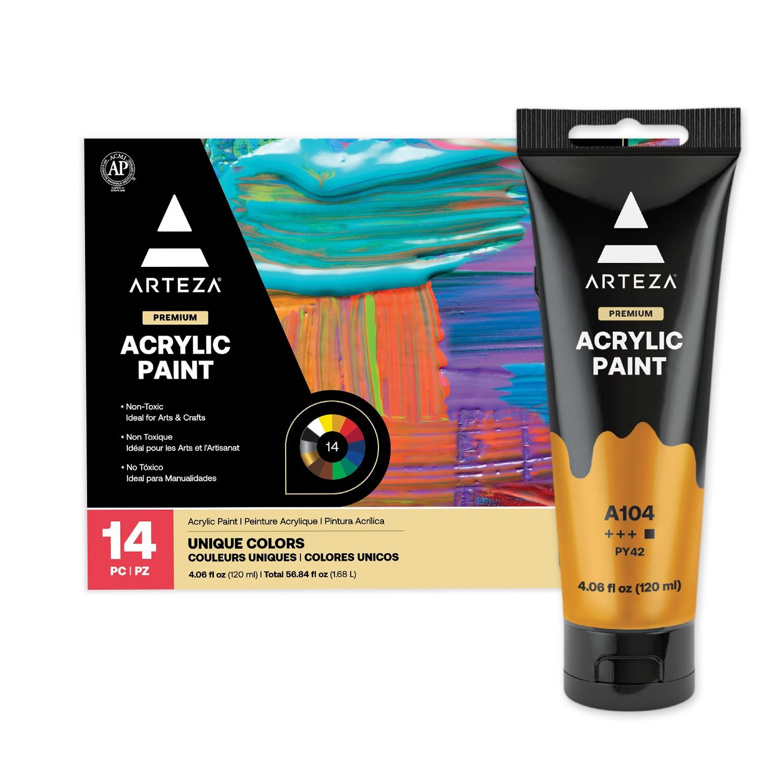 ARTEZA Acrylic Paint Set of 14 Colors, 4.06 Ounce Tubes, Non- Acrylic Artist Pai